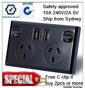 DOUBLE USB CHARGER DUAL POWER SOCKET POWER POINT 2A 5V SAA BLACK POWERPOINT - Bild 1 von 5