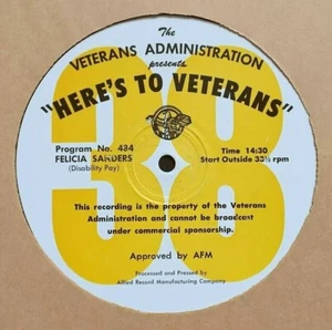 FELICIA SANDERS THREE SUNS HERE'S TO VETERANS 16" RADIO SHOW TRANSCRIPTION DISC - Picture 1 of 5