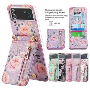 Flower Case For Samsung Galaxy ZFlip 6 5 4 3 Leather Wallet Card Cover Crossbody - Picture 1 of 36