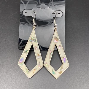 Vintage Silver Mexico White Enamel Mother Of Pearl Diamond Dangle Earrings Boho - Picture 1 of 6