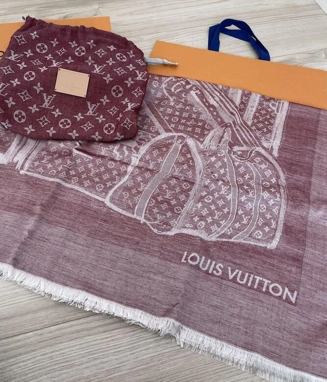 Louis Vuitton Shawl Stole Scarf Monogram Trunk Bordeaux Silk Cashmere Auth New - Image 1 of 4