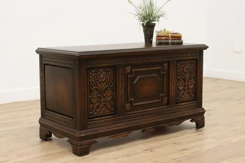 English Tudor Antique Carved Oak Cedar Chest or Trunk, Coffee Table #44460 Cover