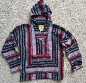 Iguana Jack mens size large Striped Baja Hippie Hoodie Pullover Black Red Vtg - Picture 1 of 8