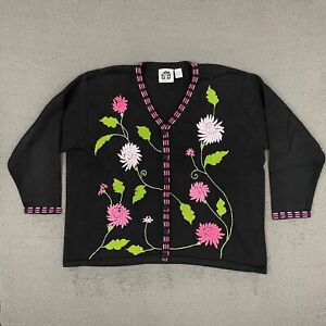 Storybook Knits Cardigan Sweater Womens 3X Black Pink Floral Embroidered Ladies