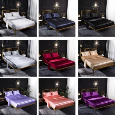 Satin Silk Bed Sheet Set with Fitted Sheet Flat Sheet Pillowcase Breathable Soft