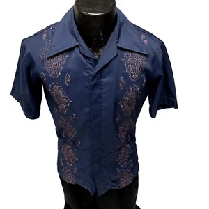 Vintage 70’s Mexacali Men's Blue Embroidered Satin CUBAN CIGAR Lounge Shirt S - Picture 1 of 10