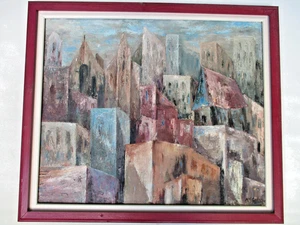 Vintage MCM Ölgemälde Stadt der Lichter Midcentury Stadtbild Gemälde signiert - Bild 1 von 7