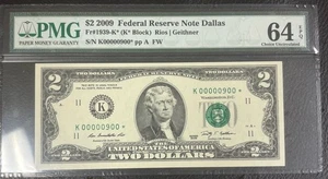 Rare Low serial #0900-2009 $2 FRN *Star Note* PMG 64 EPQ Fr 1939K* k Block - Picture 1 of 6