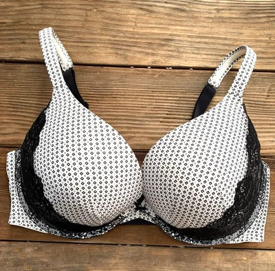 Cacique Boost Plunge Bra 38DDD White Black Geometric Print Underwire Lace Accent - Image 1 of 4