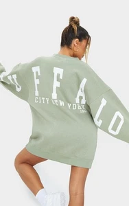 NWT Pretty Little Thing Sage Green Buffalo Slogan Sweatshirt Dress 2 Oversized - Picture 1 of 11
