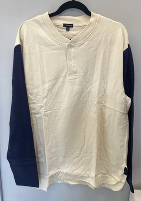 J Peterman Company Mens XL Long Sleeve Heavyweight Cream W/Navy Henley Shirt - Image 1 of 4