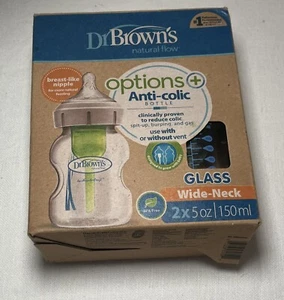 2 Dr. Brown's Options+ Anti-Colic Wide-Neck Glass Baby Feeding Bottles 5oz 150ml - Picture 1 of 5