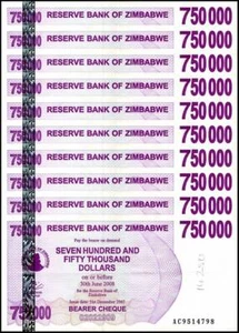 Simbabwe 750000 Dollar Trägerscheck, 2007, P-52, beschädigt x 10 STCK. - Bild 1 von 3