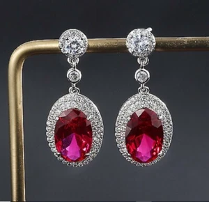 4Ct Oval Lab Created Red Ruby Women's Drop Dangle Earring 14K White Gold Finish - Picture 1 of 6