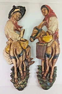 Chalkware Mexican Man and Woman on Mules Wall Hanging 1950s 18.5” Tall Vintage - Picture 1 of 10