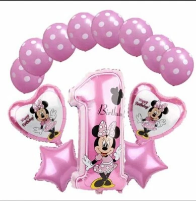 Disney MINNIE MOUSE PINK FOIL BALLOONS 1st Birthday Party 13 piece set UK SELLER - Image 1 of 3
