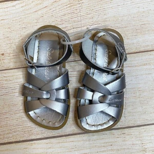 Saltwater Sandals Girls Size 7 Dark Silver Leather New - Picture 1 of 4