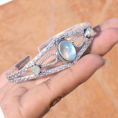 VALENTINO Bracciale Bracciale Argento Sterling 925 Labradorite & Fuoco Polsino Pietra Preziosa Opale Regalo Popolare