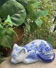 Blue Willow Big Sleeping Cat Figurine Porcelain Hand Painted RARE Vintage VHTF