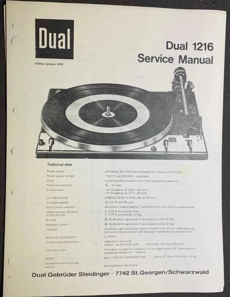 Vintage Dual 1216 Turntable Operating Instructions Manual Record Player