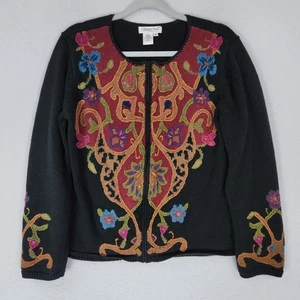 Coldwater Creek Jacket Womens Medium Black Floral Embroidered Full Zip Sweater - Picture 1 of 10