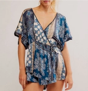 Free People Oasis Flowy Wrap Sliky Romper Size Small Indigo Blue NWT $98 - Picture 1 of 11