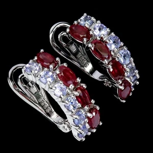 925 Sterling Silver Earrings Oval Ruby Tanzanite Natural Gemstone Jewelry - Picture 1 of 13