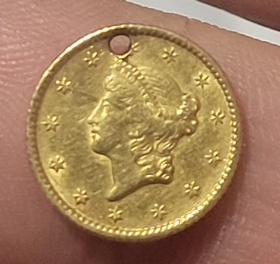 U.S. 1 dollar gold coin. 1853. holed. Nice details, see both pictures. - Image 1 of 2
