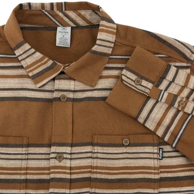 Camisa de franela con botones manga larga Hurley para hombre marrón a rayas talla mediana Foto 1 de 4