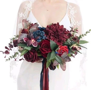 Ling's Moment 13" Burgundy Navy Blue Wedding Bouquets for Bride, Jewel Flowers - Picture 1 of 5