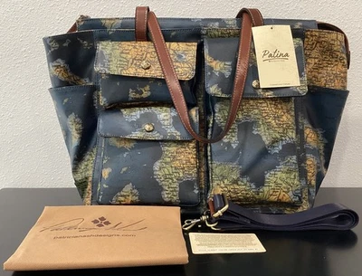 Patricia Nash Sorlana Greek Map Travel Tote Coated Canvas Leather 19"x13"x7" P3 - Image 1 of 4