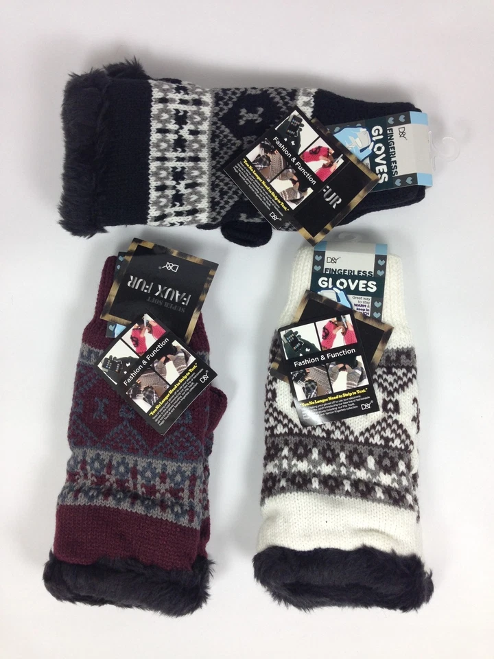 Ladies Winter Chunky Super Warm Fully Lined Knit Fingerless Half Open Gloves NWT - Image 1 of 1
