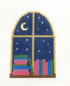 SATURNALIA Nighttime Book Shelf Window View Handpainted Needlepoint Canvas - Picture 1 of 1