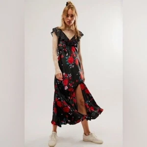 Free People Vestito Midi Cuori Caldi Nero/Rosso Romantico Floreale Medium - Foto 1 di 12