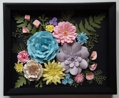 Caja de sombras de arte de pared enmarcada hogar guarderías 3D púrpura creación floral decoración de habitación  Foto 1 de 4