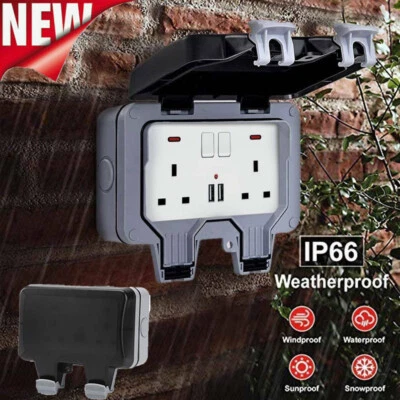 IP66 Weatherproof Outdoor Sockets 13A 2 Gang Plug Double USB Port Outside Use UK - Image 1 of 4