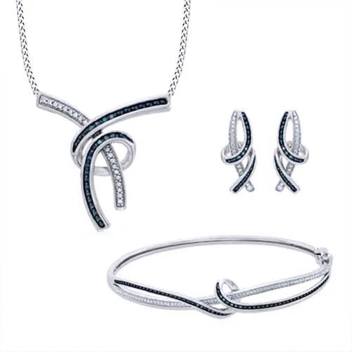 Juego de tres piezas enchapado en oro blanco de 14 quilates diamante natural azul y blanco de 1/8 quilate -IGI- Foto 1 de 4