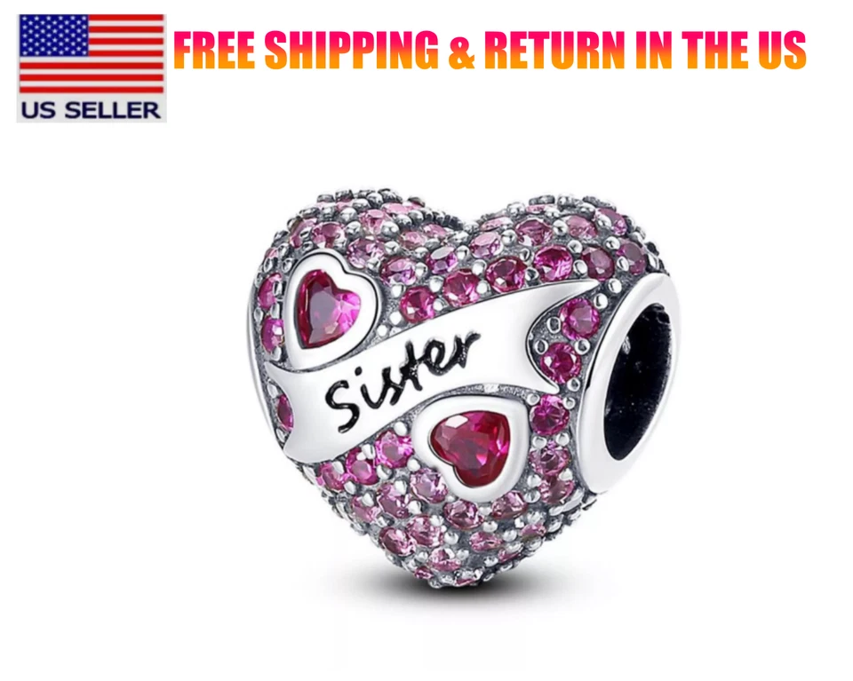 Auténtico Dije Love Sister Corazón Piedra Púrpura Pavimentado S925 Plata de Ley Foto 1 de 1