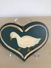 Folk Art Wooden Decor Heart with Goose Ornament Hand Made Painted 4"