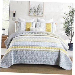 Yellow Quilt Set Queen Size, Boho Yellow Grey Striped Bedspread Coverlet Set - Picture 1 of 8