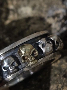 Solid 925 Silver Skull Spinner Fidget Ring With A Touch Of Gold Skull. Size 8-11 - Picture 1 of 15