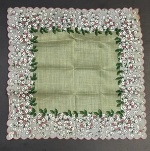 Vintage Burmel Hankie Green With Pink & White Flowers Scalloped Edge - Picture 1 of 5