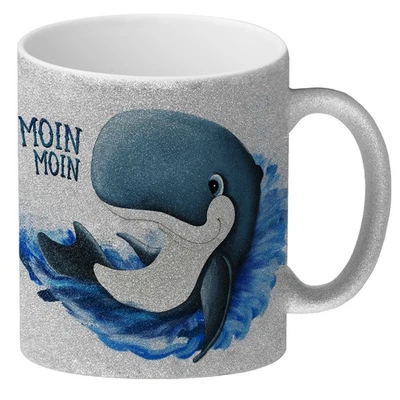 Moin Moin Glitzer-Glitzer-Kaffeebecher mit Wal Motiv - Bild 1 von 3