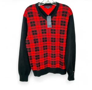Tommy Hilfiger Men's Sweater M Cotton Black Red Plaid V-Neck Long Sleeve - NWT - Picture 1 of 10