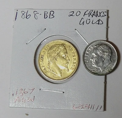 Золото 1868-BB Франция 20 франков Napolen III AU состояние товара 0,1867 унции чистого золота - Изображение 1 из 4