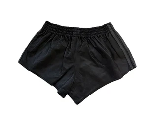 Black Leather Athletic Shorts With Grey Side Strips. - Picture 1 of 4