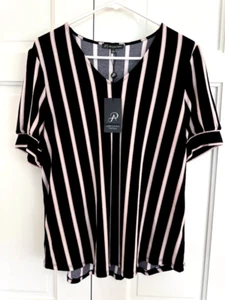 ADRIANNA PAPELL Pull Over Top TAGLIA L FASCIA S,MANICA BEIGE/NERO RIGHE NUOVO CON ETICHETTE - Foto 1 di 5