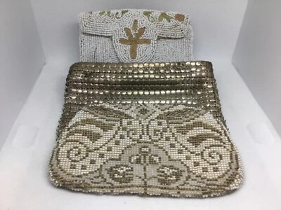 Sacolas/embreagem vintage trio (3) brancas e douradas com miçangas e badejo Davis - Imagem 1 de 4