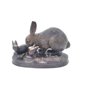 Vintage Bronze Rabbit and Babies Statue, Bunny French Country Detailed Bunny Scu - Picture 1 of 8