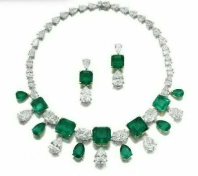 Syn Emerald and CZ Diamonds Pear drop Necklace with Earrings 925 Silver Jewelry - image 1 of 4